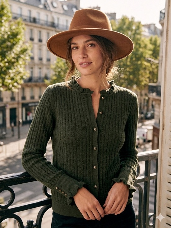 Sezane Sweaters - Sézane Olive Green Ribbed Button-Up Cardigan